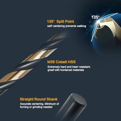 BeHappy 29Pcs Cobalt Drill Bit Set, 135 Degree Tip High Speed Steel with Black and Gold Finish, Stainless Steel, Plastic and Wood with Metal Indexed Storage Case 1/16"-1/2" 4341-29pcs