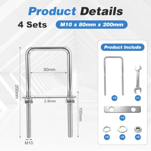 4 Sets Square U Bolts 3 Inch Wide 304 Stainless Steel Heavy Duty U-Bolts Kit for Trailer, Truck, RV，M10 x 80mm x 200mm M10x80mmx200mm 4