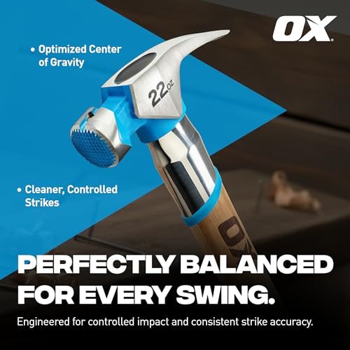 OX 22 oz Framing Hammer Milled Face with Rubber Grip Wood Handle Hammers with American Hickory - Claw Martillos De Construccion 22-oz Hammer + Steel shaft & Grip