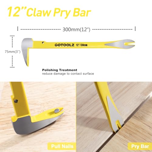 4-Piece Pry Bar Set, 12-Inch Utility Claw Pry Bar, 10-Inch & 7.5-Inch Flat Pry Bars Crowbar Claw, 8-Inch End Cutting Pliers, Nail Remover Tool for Baseboard, Floor, Nails Removal (Yellow 2026) Yellow 2026