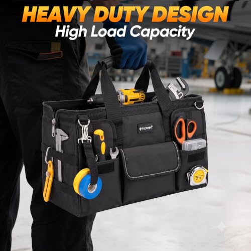 TICONN Heavy Duty Tool Bag Organizer, Portable Tool Box with Shoulder Strap 18" Standard Base Black