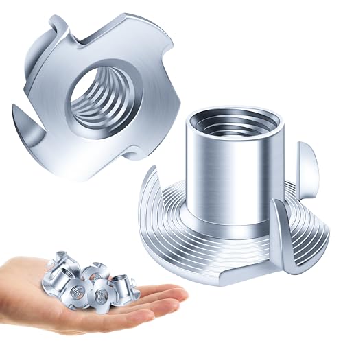 (10Sets) 3/8" x 2" Hex Head Lag Screws & 50PCS 3/8-16 T-Nuts Zinc Plated Steel Nutserts, 4-Pronged Tee Nut for Wood, Heavy Duty Lag Bolts with Washers, Rock Climbing Holds 3/8-16 T Nuts