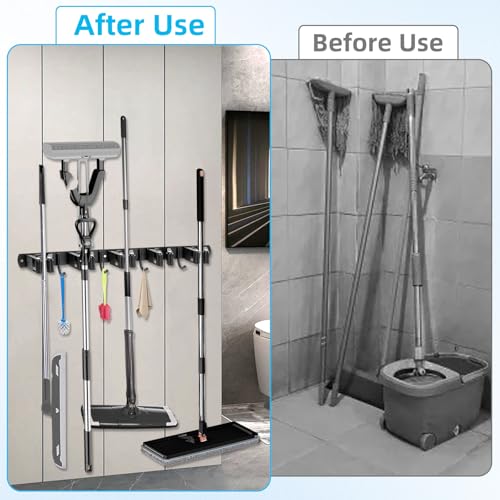 Pack of 2 broom holder, wall, garden tool holder, made of stainless steel | 10 Holders + 8 Hooks Heavy Duty Device Holder Self-Adhesive Broom Mop Holder Wall Mount for Kitchen Bathroom Garage Garden
