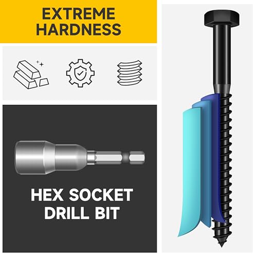 Mywish (15Sets) 3/8" x 1" Hex Head Lag Bolts & 50Pcs 4 Inch Wood Screws, #14 x 4 Heavy Duty Outdoor Wood Screws Assortment Kit Deck Screws, Black Timber Screws Lag Bolts, Lag Screws Wood Screws