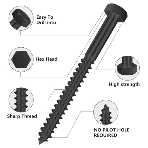 Wensilon Lag Screws Wood Screws (22PCS, 3/8"x3", Black) Hex Head Lag Bolts,(10x75) Heavy Duty Lag Screws,304 Stainless Steel Bolts 18-8 3/8"x3"