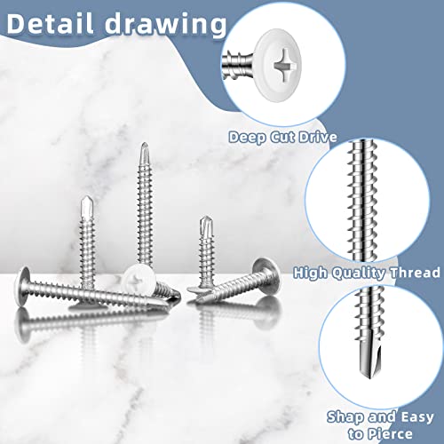 Peryiter 480 Pcs White Self Tapping Screws for Metal White Thread Truss Head Screws 8 Fast Self Drilling Sheet for Wire Lath to Metal Studs, Wood Work, 4 Sizes