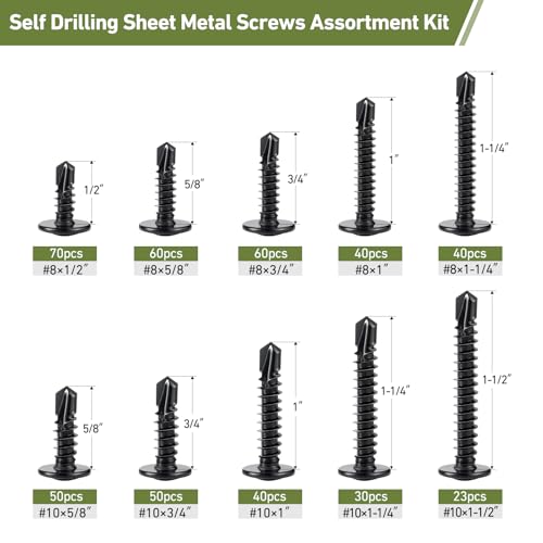 Black Self Tapping Screws Assortment Kit 463PCS, Modified Truss Head Sheet Metal Screws #8#10 1/2",5/8",3/4",1",1-1/4",1-1/2" Stainless Steel 410 Self Drilling Screw for Metal Wood Plastic #8#10 463PCS Black