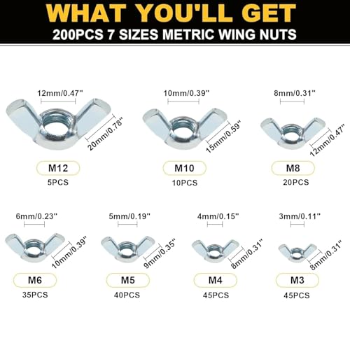 Siptenk Wing Nuts 400PCS Metric & SAE Wingnuts Carbon Steel Zinc Plated 400 SAE & Metric