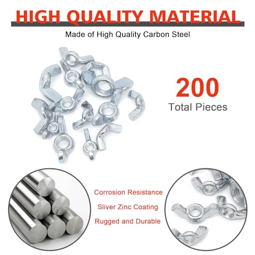 200 PCS Butterfly Wing Nuts Assortment Kit, SAE Metric 13 Sizes Carbon Steel Wing Nuts Fasteners, 1/4"-20, 5/16"-18, 3/8"-16, #6, #8, #10, M3, M4, M5, M6, M8, M10, M12