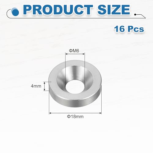 MECCANIXITY 16 Pcs M6 Finish Countersunk Washer, 4x18mm 304 Stainless Steel Counterbore Head Washers Gaskets Shim for Mechanical Accessories Parts, Silver M6x4x18mm
