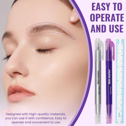 Pack of 9 Tattoo Pens, Skin Marker Pen with 9 Rulers, Waterproof, Double-Sided Tattoo Pen, Tattoo Piercing Positioning Pen for Skin, Eyebrows and Lips (Purple)