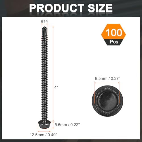 uxcell 100Pcs #14 x 4 Self Drilling Screws, 410 Stainless Steel Self Tapping Screws for Metal, Black Oxidation Finish, Hex Washer Head Sheet Metal Screws #14 x 4" 100