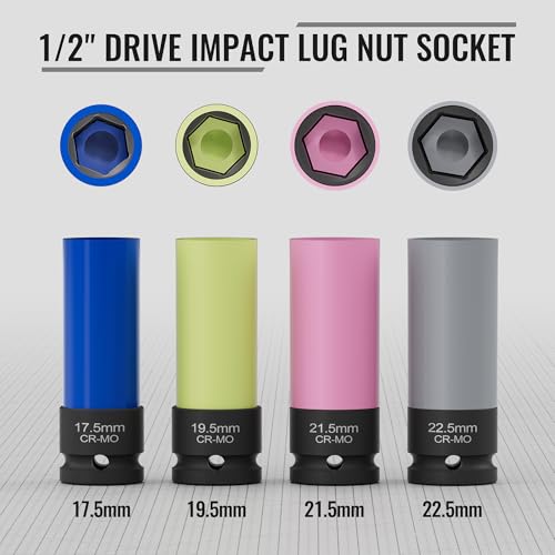 4-PCS 1/2" Drive Thin Wall Impact Sockets 17.5, 19.5, 21.5, 22.5mm