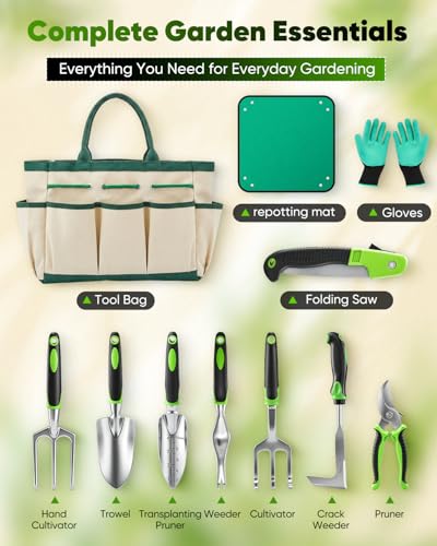 Garden Tool Set Gardening Tools - Heavy Duty Aluminum Tool Kit with Non-Slip Handle, Gardening Gloves and Tool Bag for Weeding, Planting and Pruning, Gifts for Women Mom (Green Set) GREEN SET