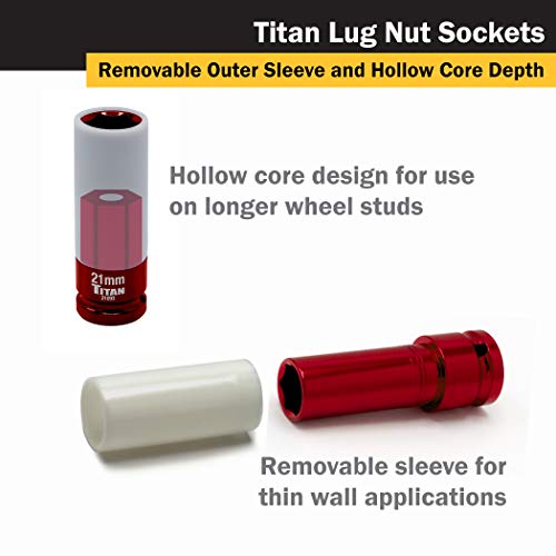 Titan 21183 3-Piece 1/2-Inch Drive Non-marring Impact Deep Lug Nut Socket Set, Includes 17mm, 19mm, and 21mm 3pc Set