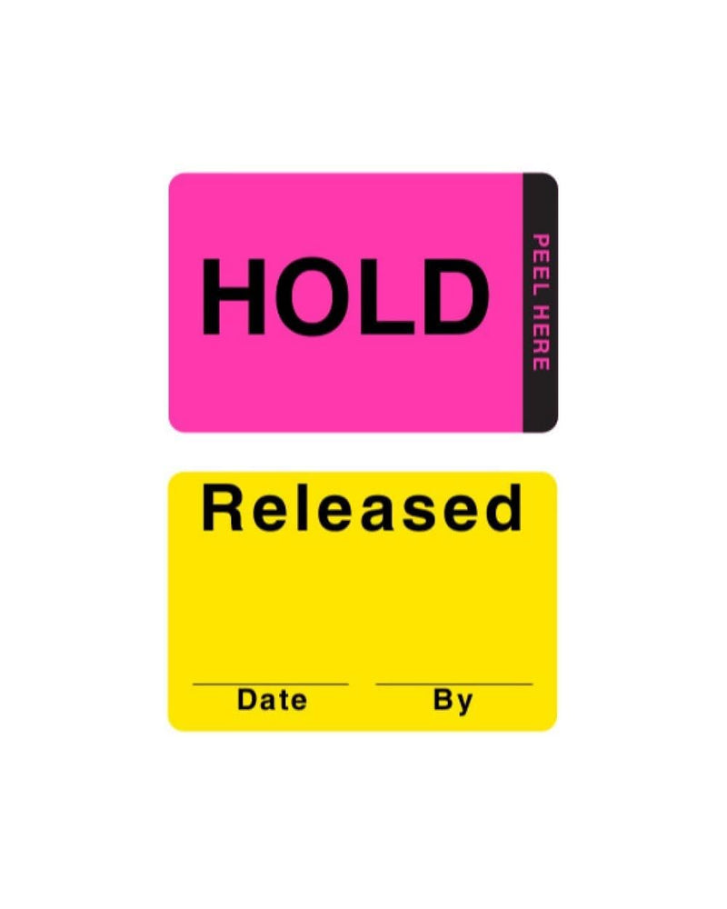 ChromaLabel Fluorescent Pink and Yellow Double Layer Quality Control Label, Imprinted: Hold, Released, 25 per Pack, 2.88 x 3 Inch 2" x 3"