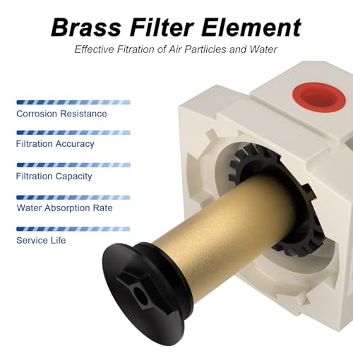 AIRZOE 1/2" NPT Air Dryer and Air Filter Regulator Lubricator Combination-5 Micron Brass Element,0-150 PSI Brass Gauge,AF4000-04,AC4010-04