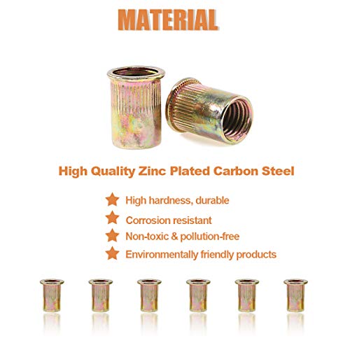 Keadic 200Pcs M6 Metric Zinc Stainless Steel Plated Carbon Steel Rivet Nut Flat Head Threaded Insert Nutsert Kit for Automotive, Furniture, Decoration