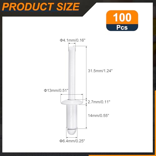 uxcell 100Pcs 1/4"x1/2" Round Head Blind Rivets, Zinc-Plated Carbon Steel Grip and Mandrel Cap Blind Rivets, White 1/4"x1/2"