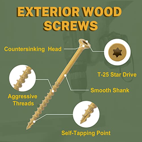 LIONMAX Deck Screws #10 x 3 300 PCS, #8 x 1-1/2" 300 PCS, Rust Resistant, Exterior Epoxy Coated, Outdoor Decking Screws, Torx/Star Drive Head Deck Screw, T25 Star Bit Included, Tan