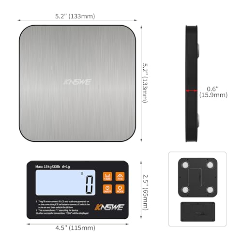 Food Scales with Split Wireless LCD Display 33lb/15kg Digital Kitchen Scale 304 Stainless Steel 1g High Precision 7 Units for Cooking Baking Electric Weighing Coffee with PCS Tare Function 15kg/1g