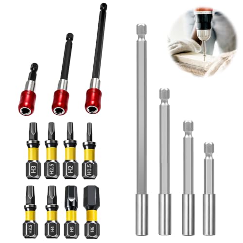 Bit Extension & Bit Holder Magnetic 1/4 Inch for Drills | 4 x hexagonal extensions 60-200 mm, 3 x self-locking 60-150 mm, 8 x bits H1.5-H6, variable length dimensions