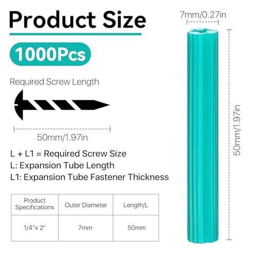 1000Pcs Expanding Plastic Screw Anchors, 1/4 Inch Hole x 50mm PE Green Wall Plugs, Heavy Duty Plastic Concrete Wall Anchors for Brick, Hollow Walls, Fits #10,11,12 Screws