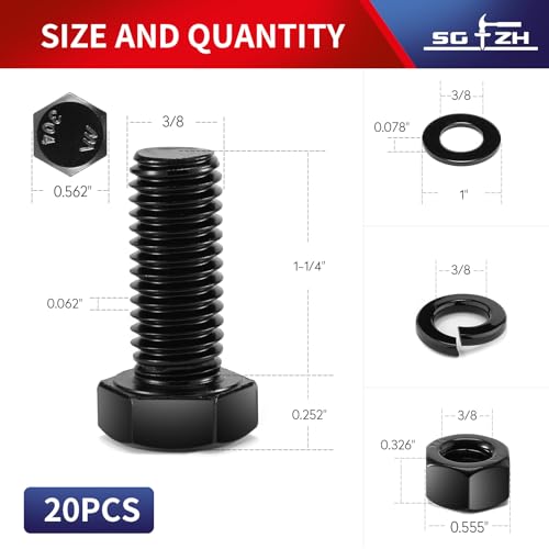 3/8-16 x 1-1/4" Hex Head Screw Bolt, Nuts, Flat & Lock Washers, 20Pcs 18-8 (304) Stainless Steel, Fully Threaded, Black Oxide by SG TZH 3/8-16 x 1-1/4"