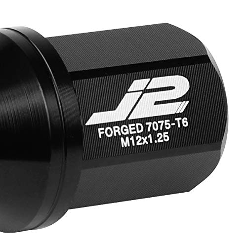J2 Engineering 20 Pcs 7075 Aluminum Closed End M12 x 1.25 Lug Nuts Set w/Socket Adapter, Black, Fit Conical Seat, LN-T7-006-125-BK