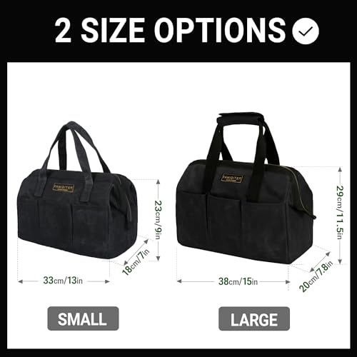 Heavy-Duty 16oz Waxed Canvas Tool Tote Bag - 15" Wide Mouth Open Top Organizer with 15 Pockets | Multi-Purpose Storage for Tools, Hardware & DIY Supplies (Black) Black 15 Inch