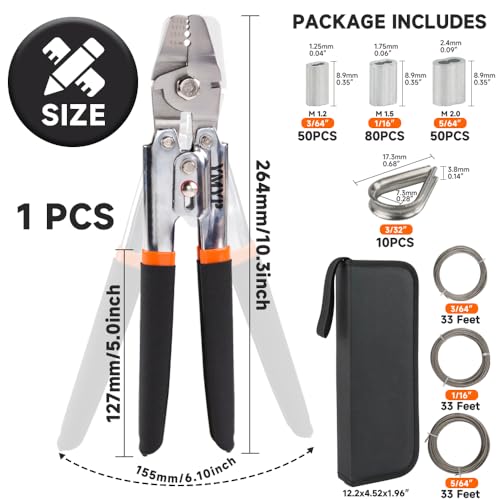 Up to 2.2mm Wire Rope Crimping Tool Kit, 99FT Stainless Steel Wire Rope (3 Sizes), 180 Aluminum Double Sleeves (3 Sizes), 10 Thimbles YEJ-122O+Loop&Rope&Thimbles Bag Kit