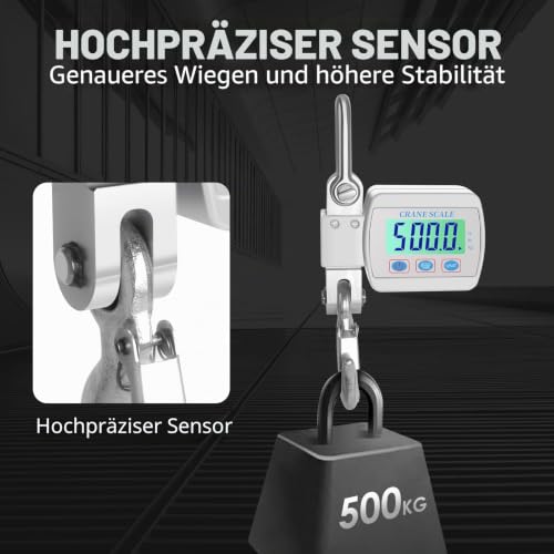Digital Crane Scale for Heavy Loads - With LCD Display, Maximum Load Capacity 1100 lbs/500 kg, High Precision Sensor, Tare and Unit Switching Function for Agriculture, Hunting, Warehousing and Construction