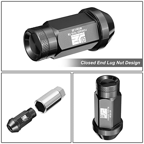 J2 Engineering J2-LN-T7-037-125-BK M12 x 1.25 T6-7075 Aluminum 50mm Closed End Lug Nuts w/Deep Drive Extension Adapter,Black, 24mm x 50mm