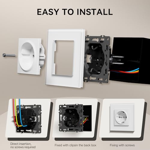 BSEED Glass Socket, EU Standard Wall Socket with Claws, Built-in Socket with Child Lock, Easy to Install, New E Series, 16 A 250 V, 1 Compartment, 86 mm, White 1-gang