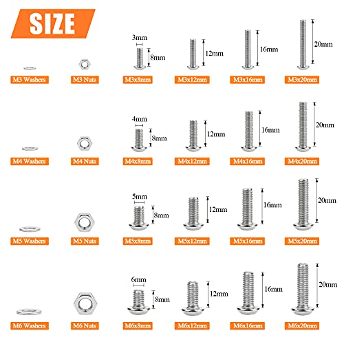 HELIFOUNER 810 Pieces M3 M4 M5 M6 304 Stainless Steel Button Head Socket Cap Metric Screws Bolts, Flat Washers and Nuts Assortment Kit with Hex Wrenches M3 M4 M5 M6 (810 Pieces) Button Head Screws