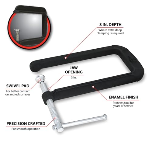 Performance Tool W3982 8 in. Deep Throat Cast Iron C-Clamp