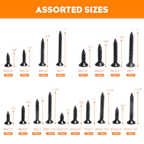 542PCS #4#6#8#10#12 Phillips Head Screw Set Stainless Steel Wood Screws Assortment Kit, Assorted Sheet Metal Self Tapping Screws, 18-8(304) Stainless Steel (Flat Black) flat black