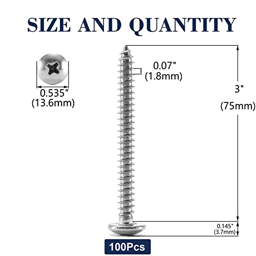 #14 x 3 Wood Screw 100Pcs Truss Head Phillips 18-8 (304) Stainless Steel Fast Self Tapping Screws by SG TZH #14 x 3"