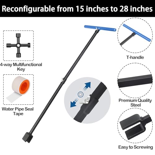 Water Meter Key 28 Inch Shut Off Tool - 4-Way Multifunctional Key and Seal Tape for Opening and Closing Meters or Valves