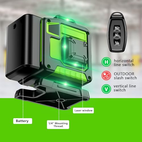 16 Line Laser Level 360 Self Leveling, 4x360°Professional 4D Green Cross Line laser Level with 2 Batteries & Remote Control, for Tiling Floor Construction and Picture Hanging