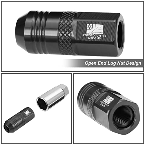 J2 Engineering J2-LN-T7-040-15-BK M12 x 1.5 T6-7075 Aluminum 50mm Open End Lug Nuts w/Deep Drive Extension Adapter,Black,21mm x 50mm
