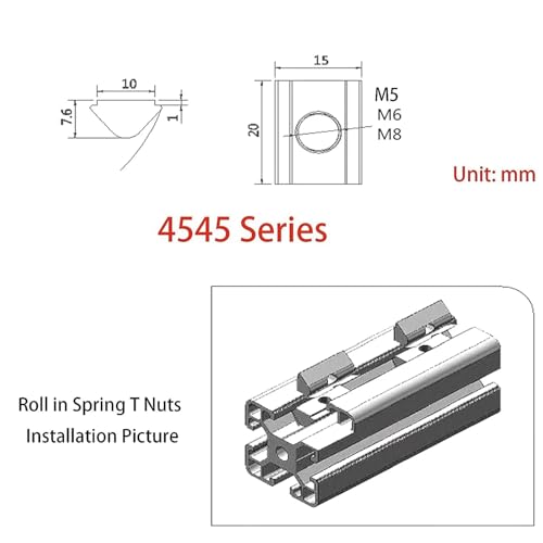 M8 Roll in Spring T Nuts,4545 Series with Spring Sheet,Roll in Spring Loaded T Nut,Carbon Steel Nickel-Plated for Aluminum Profile with 10mm Groove Depth (45-Series,30 Pcs) 45-M8（30 Pcs）