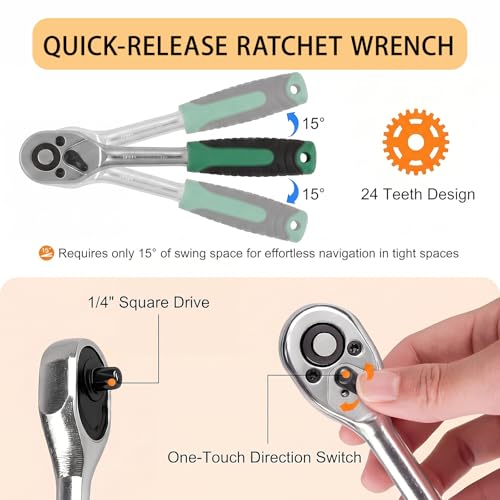 130 Pieces 1/4 Inch Drive Socket Ratchet Wrench Set, Mechanic Tool Set, with Bit Socket Screwdriver Set Metric and Extension Bar for Auto Repairing and Household Silver-130pcs