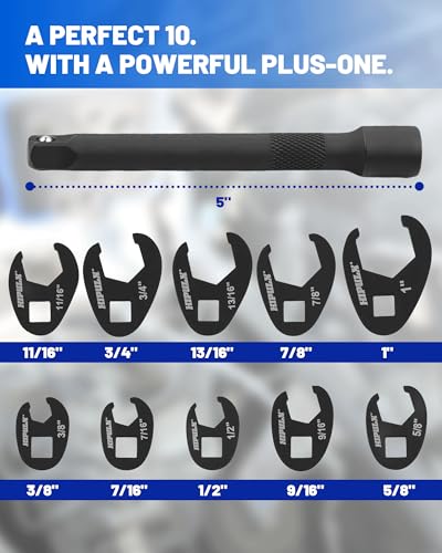 Crows Foot Wrench Set, 11 PCS Crowfoot Wrench Set for 3/8" Drive with Extension Bar, Flare Nut Wrenches Set SAE Size 3/8" - 1" Zippered Bag for Automotive, Plumbing & Industrial Use Medium SAE SET