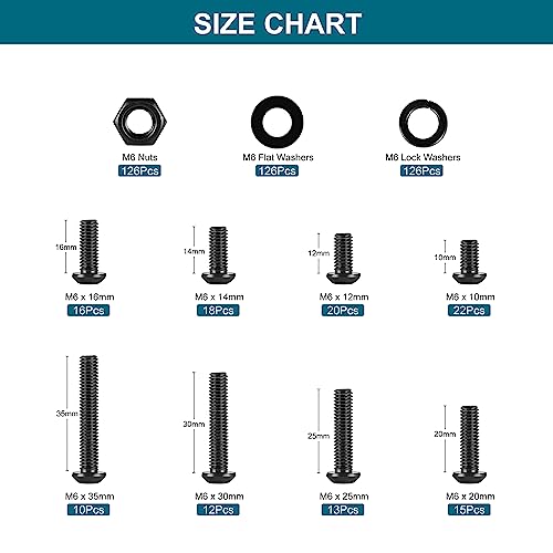 SATANTECH 505Pcs Metric M6 Bolt Assortment 10/12/14/16/20/25/30/35mm Button Head Hex Socket Cap Screws Bolts Nuts Washers Assortment Kit, 12.9 Grade Alloy Steel Black Galvanized, Fully Threaded Black M6 Bolt