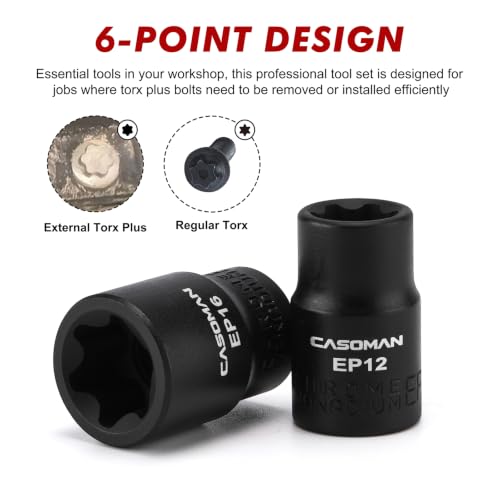 CASOMAN 19PCS External Torx Plus Socket Set, 6 & 5 Point EP Sockets EP4-EP32 with 1/2'', 3/8'' & 1/4'' Dr. EP8.8 Compatible with Tesla, Cr-V Steel