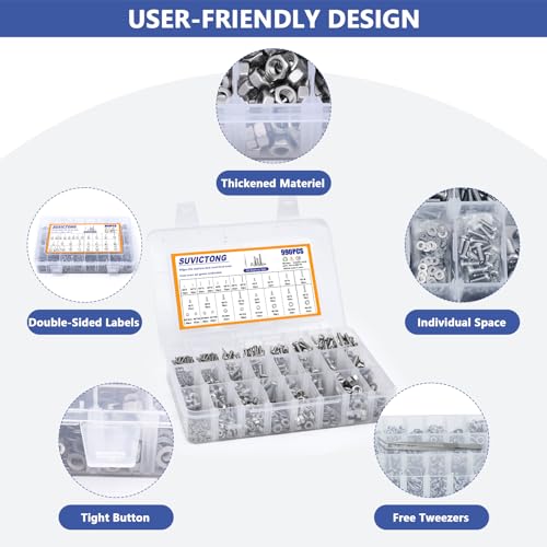 990Pcs Phillips Pan Head Machine Screws M2 M3 M4 M5 M6, Nuts and Bolts Assortment Kits, SUVICTONG Stainless Steel Metric Screws 8/12/16/20mm with Flat Washers and Tweezers Metric Kit-990pcs