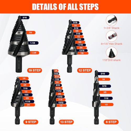 10Pcs Step Drill Bit & Countersink Set with Tool Box, HSS Four Spiral Flute