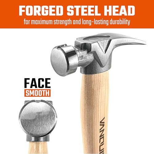 VANQUISH Framing Hammer 19 oz Curved Hickory Handle Straight Rip Claw 19oz Coated Hickory Handle