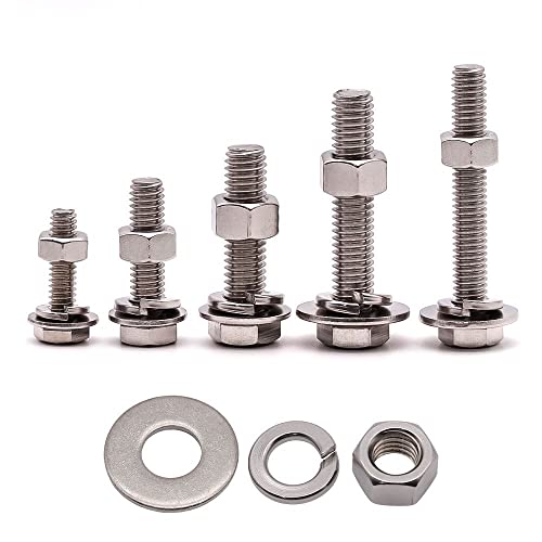 (4 Sets) 1/2-13 x 6 Stainless Steel Hex Bolts & Hex Nuts & Large Diameter Flat Washers & Lock Washers Hardware Kit, 304 Stainless Steel 18-8, Full Thread Hexagon Bolt Assortment 1/2-13 x 6" 4